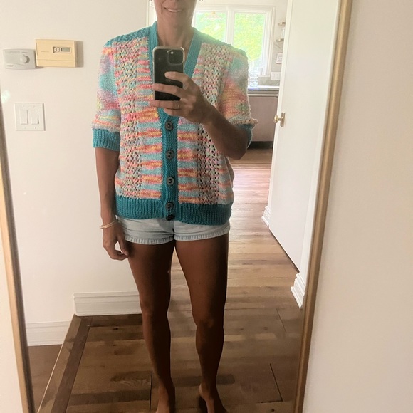 Handmade Rainbow Knit Short Sleeve Cardigan Sweater Women’s Artisan Boho - Picture 8 of 8